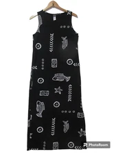 Sz M (tag L) UNIQUE Vintage SAYSAY Black Fish NAUTICAL Maxi Dress Beachy USA