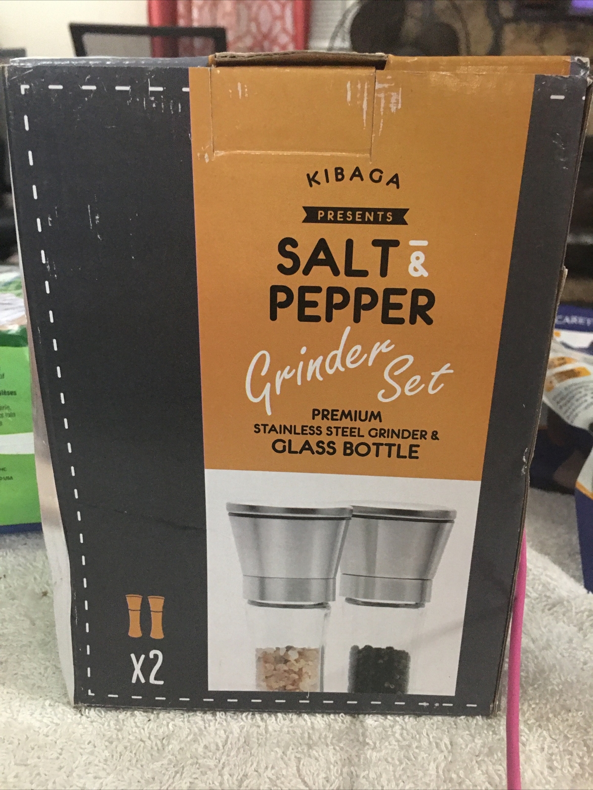 Kibaga Salt & Pepper Grinder Set Stainless Steel Glass Bottles NEW