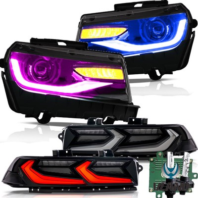 RGB Led Headlights +SMOKED Tail Lights +Decode Bulbs For Chevy Camaro 2014-2015