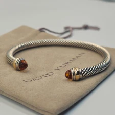 David Yurman Sterling Silver 925 & 14k Gold 5mm Cable Citrine Cuff Bracelet