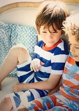 NWT 4/5 Mini Boden Blue  White Striped Shortie Pajamas Red Neck Ribbing