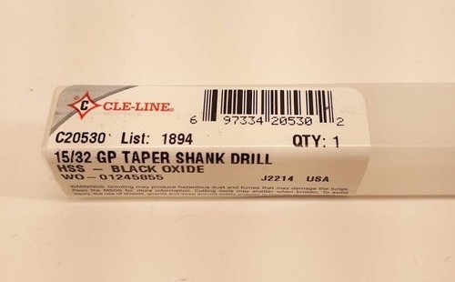 Cle-Line C20530 1894 15/32" Taladro de vástago cónico de uso general, HSS ÓXIDO NEGRO - Imagen 2 de 2