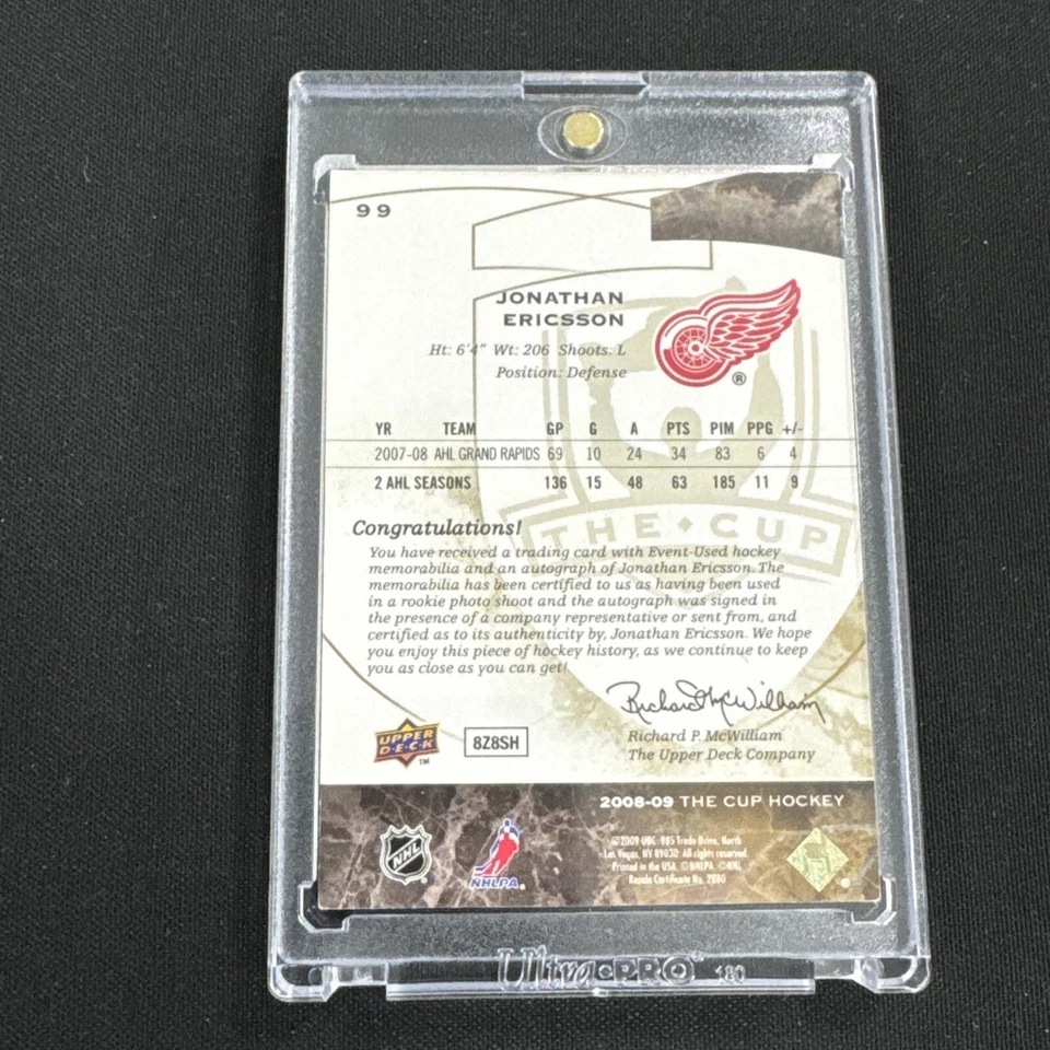 2008-09 Upper Deck The Cup Jonathan Ericsson Rookie Auto Gold /52 Detroit Red - Image 2 of 2