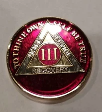 3 Year AA Sobriety Coin Medallion- Rich Mandarin Red Enamel Third Year III BSP