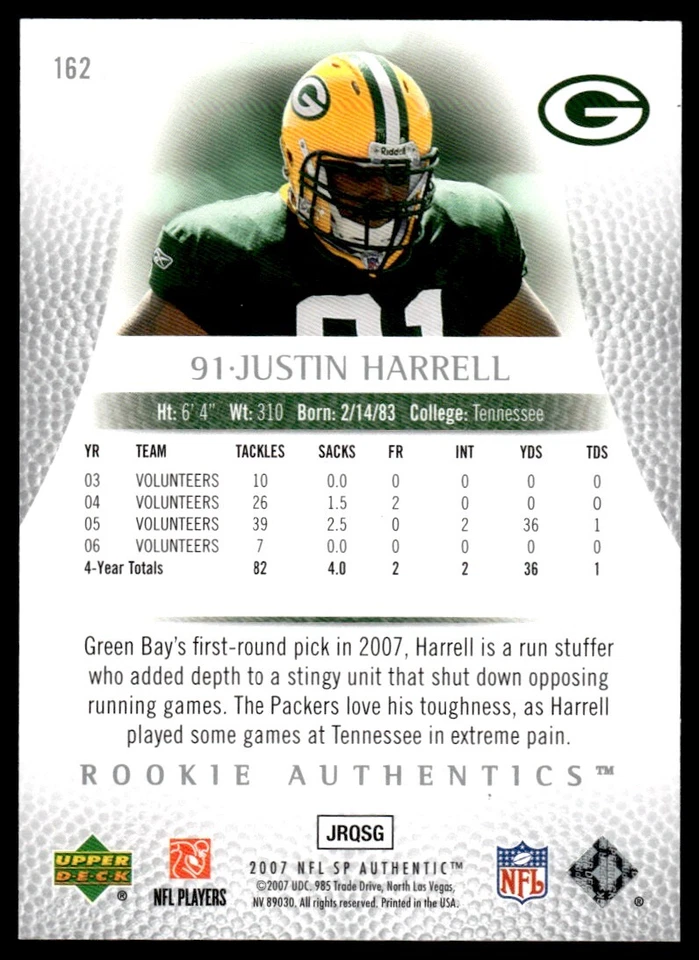 2007 SP Authentic Justin Harrell Rookie 164/999 Green Bay Packers #162 R88 - Image 2 of 2