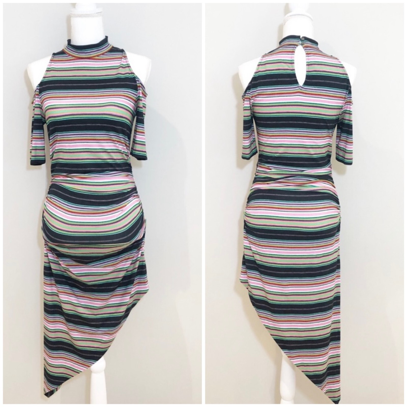 Artelier Nicole Miller Sz S Striped Mock Neck Cold Shoulder Asymmetrical Dress