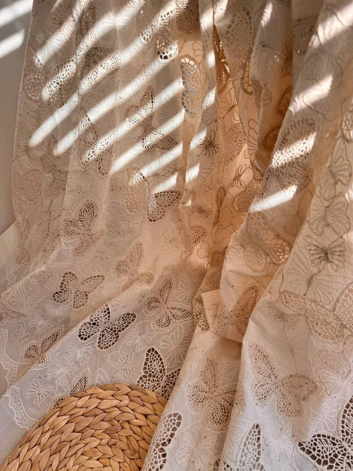 Cotton Fabric with Butterflies, Sequins, Eyelet Lace Beige Color Embroidered - Image 2 of 4