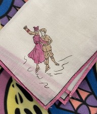 Vintage Silk/poly  LOVERS SKATING ON ICE  Handkerchief Square 10 1/4  x 10 1/2  