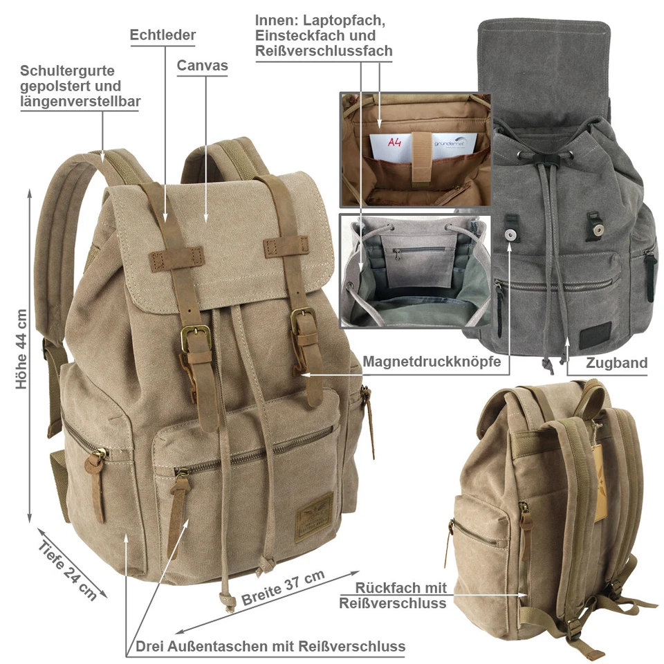 Rucksack Wanderrucksack aus Canvas und Leder Laptopfach Qualität super günstig ! - Bild 2 von 4