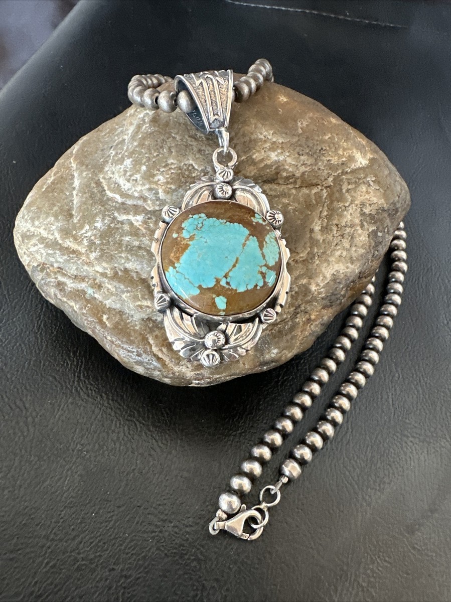 Mens Blue Turquoise#8 Pendant Navajo Sterling Silver Necklace