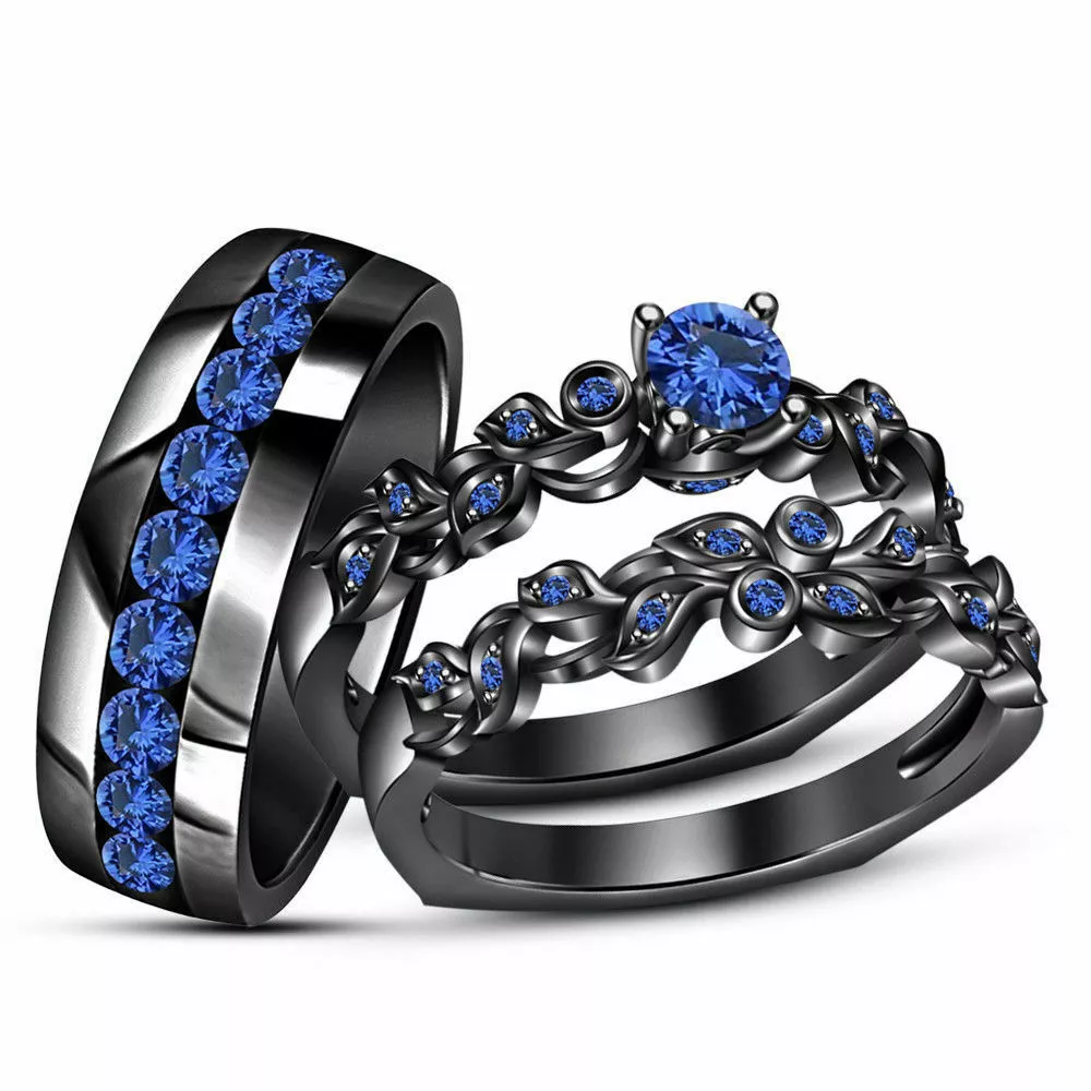 14K Black Gold Over 2Ct Simulated Blue Sapphire His Her Trio