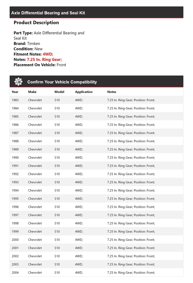 For 1983-2004 Chevrolet S10 Axle Differential Bearing and Seal Kit Front Timken - Image 2 of 3