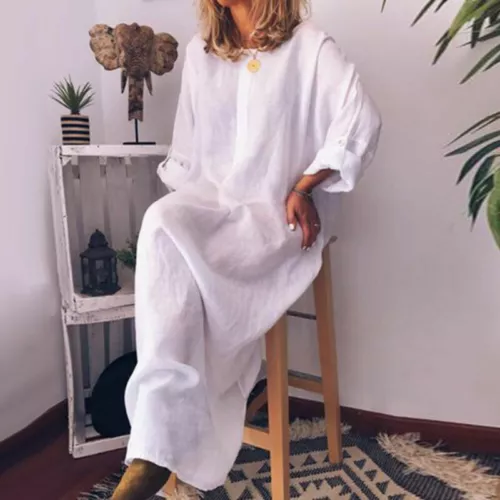 LADIES CASUAL BAGGY DRESS SHIRT LONG LOOSE SLEEVE DRESS KAFTAN MAXI WOMEN - Picture 6 of 21