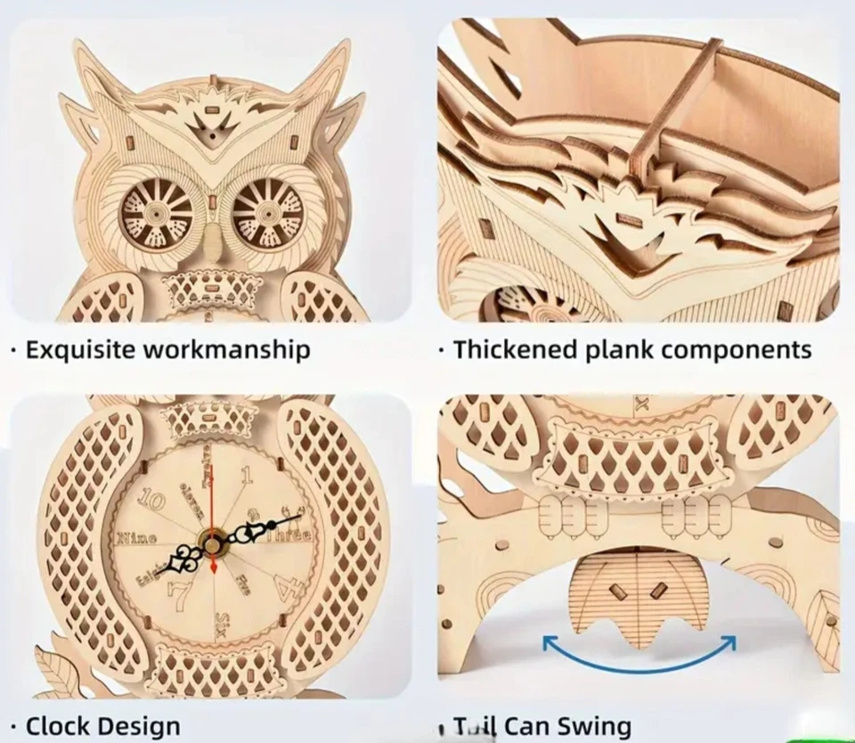Vintage Clock Wooden 3D kit Night Owl wagging tail Puzzle DIY Jigsaw Book Nook - Image 4 of 4