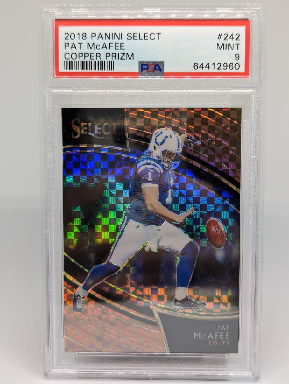 PSA 9 (POP 5) 2018 Select Football Pat McAfee Field Level Copper Prizm /75 #242