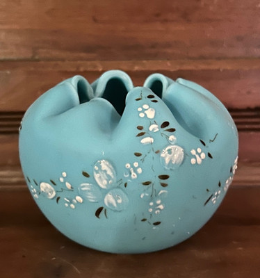 Vintage Mt Washington Blue Satin Glass Rose Bowl Hand Painted Enamel Crimped Top