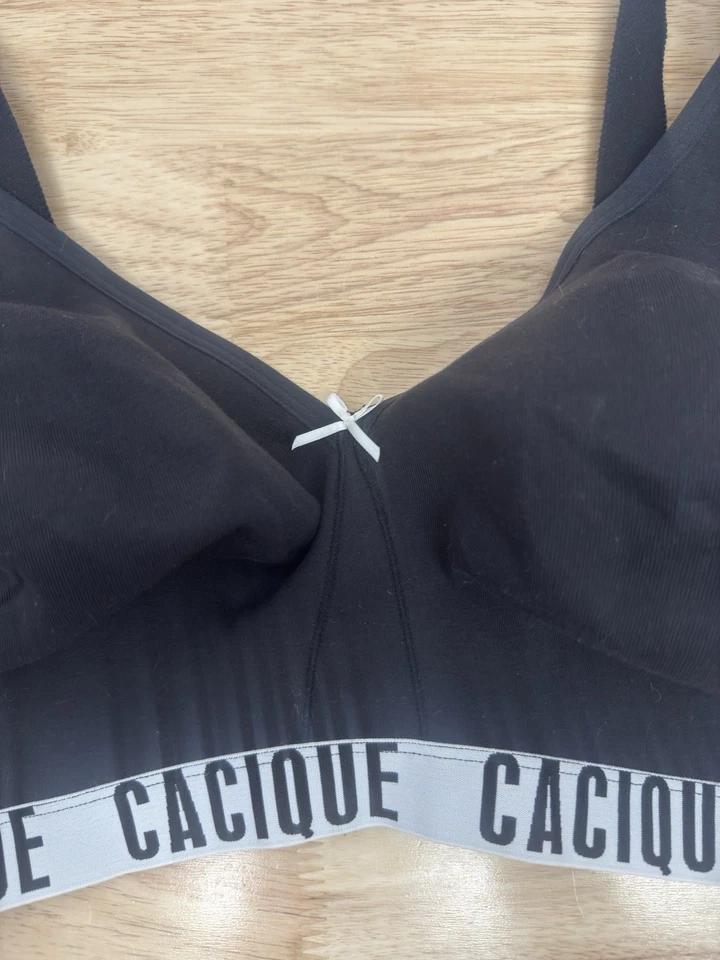 Sujetador Cacique Inalámbrico Sin Forro Cobertura Completa 44 DDD Negro Gris Logo Banda #41 Foto 3 de 4