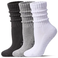 Pilates Socks for Women Mid Calf Slouch Yoga Socks with Non Slip Grippers for...