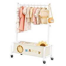 Kids Clothing Rack with Basket, Baby Closet Dress Up Storage, Kids Beige