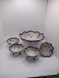  Nippon Moriage Nut Bowl Set (5) Cobalt Gilt Stylized Flowers Footed Beautiful