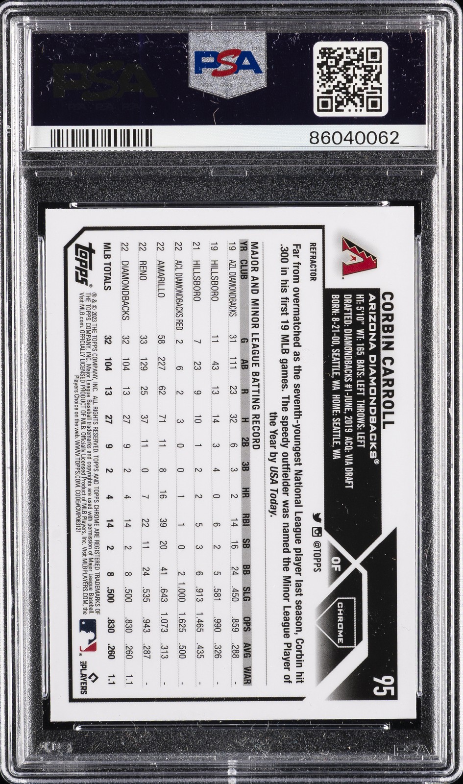 2023 TOPPS CHROME REFRACTOR #95 CORBIN CARROLL ROOKIE RC PSA 10 view 2