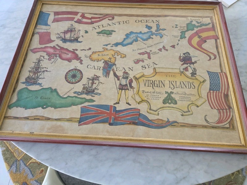 Vtg 1968 Virgin Islands Map Framed Caribbean Wall Art Decor 25.5 x 19.5