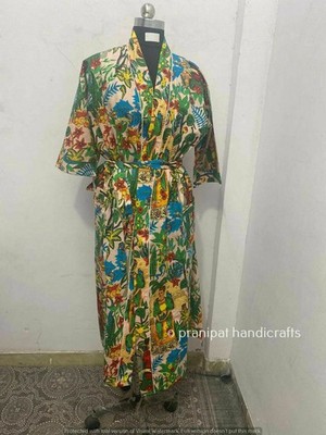Farida Kahlo Full Length 3/4 Sleeves Beige Women Robe 100% Cotton Kimono Dress