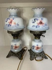 2 Milk Glass Painted Flowers Hurricane Parlor Brass Table Lamp Vtg  GWTW 14.5”