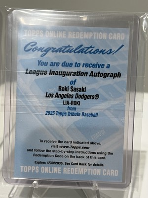 2025 Topps Tribute Roki Sasaki League Inauguration RC Auto Unused Redemption