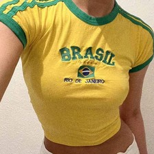 Mujer Brasil Rio Camiseta Ajustada Bebé Amarillo Verde Y2K Camiseta Corta Brasil S-L