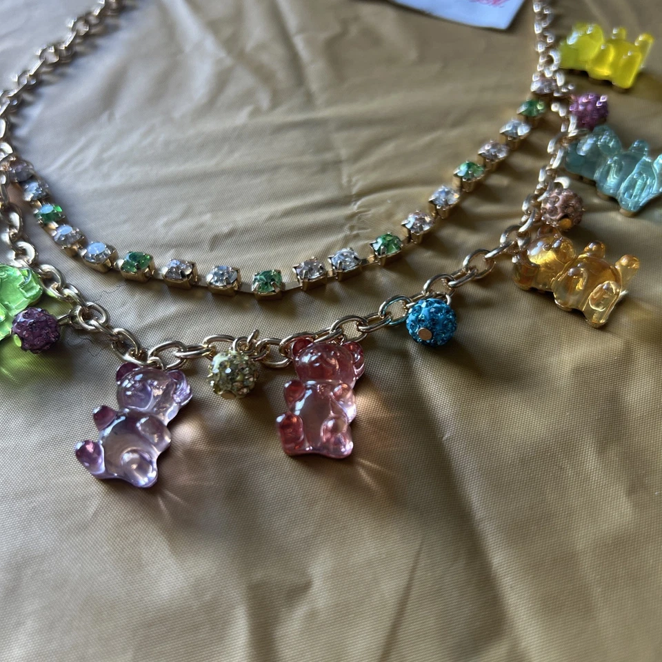 Betsey Johnson Pastel Gummy Bear Charm & Rhinestone Gold Tone Necklace 16" + 3" - Image 2 of 2