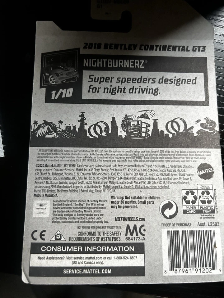 2020 风火轮 246/250 2018 BENTLEY CONTINENTAL GT3 1/10 NIGHTBURNERZ 蓝色 — 第 3/3 张图片