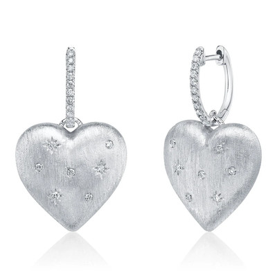 Diamond Heart Earrings 14K White Gold Matte Drop Dangle Dangling Natural 0.26CT