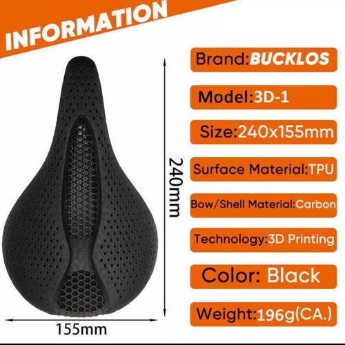 BUCKLOS 3D-1 Printed Bike Cycling Saddle Seat Carbon Rail MTB Bicycle Cushion - Picture 2 of 16