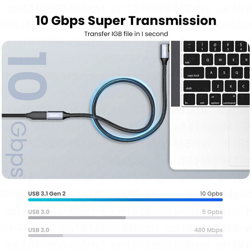 USB 3.1 Type-C Extension Cable USB-C Male to Female Charging 100W 4K 10Gbps Cord - Image 3 of 4