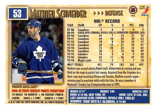 1996-97 Topps Picks OPC Inserts #53 Mathieu Schneider - Picture 2 of 2