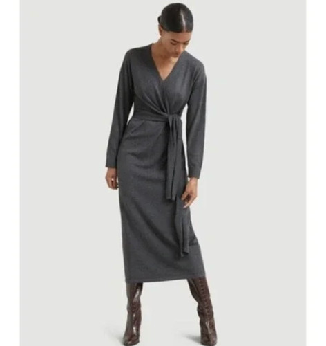 Modern Citizen Charcoal Gray Lenese Front Wrap Tie Midi Sweater Dress Size Small