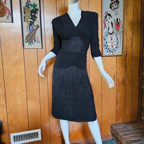 Vtg 40s Film Noir Jean Carol Peggy Hunt Flapper Fringe Formal Cocktail Dress S