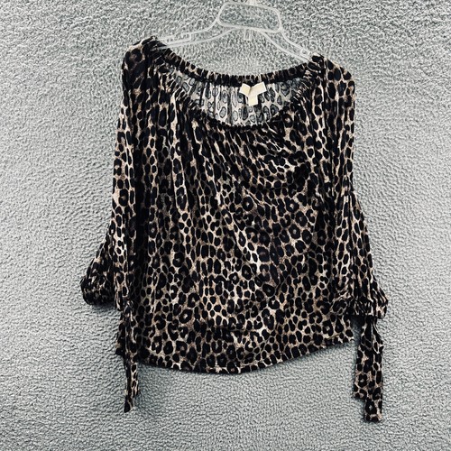 Michael Kors Women Top Large Brown Black Animal Print 3/4 Sleeve Pullover Shirt