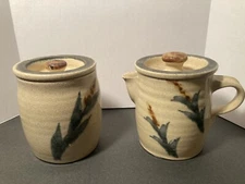 Primative Ribbed Studio Pottery Cobalt Farmhouse Lidded Creamer And Lidded Bowl