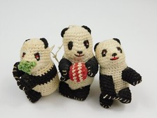 Vintage Lot of 3 Crochet Panda Christmas Ornaments Eating Leaves Sitting W/ Ball