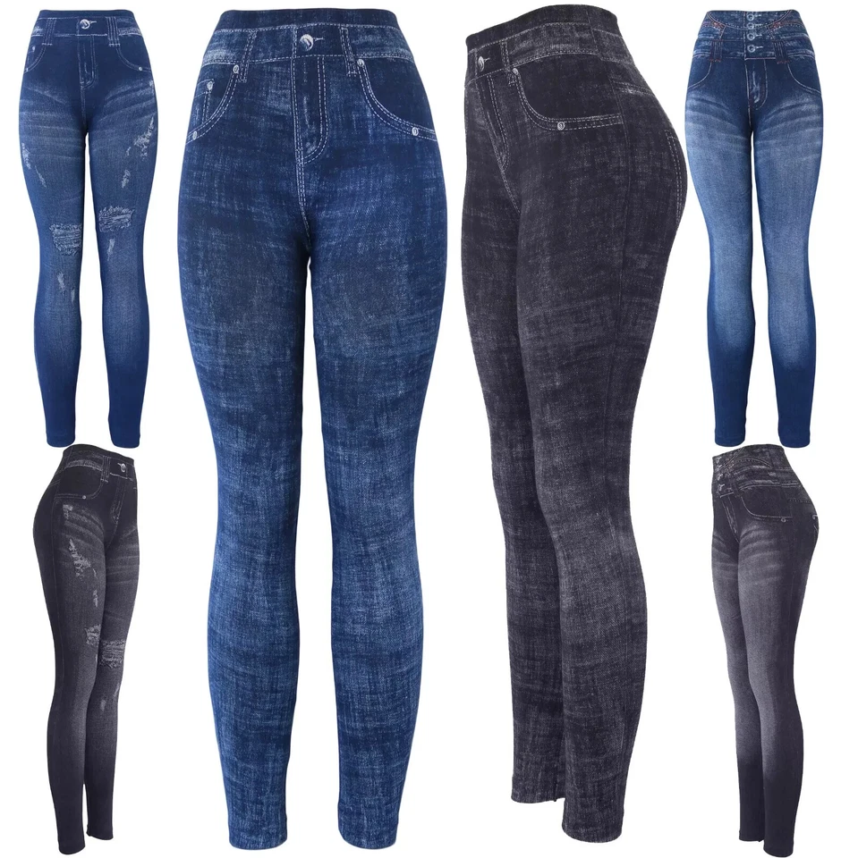 Venta al por mayor/lote a granel 6 piezas o 10 piezas leggings estampados de mezclilla sintética surtidos para mujer Foto 2 de 2