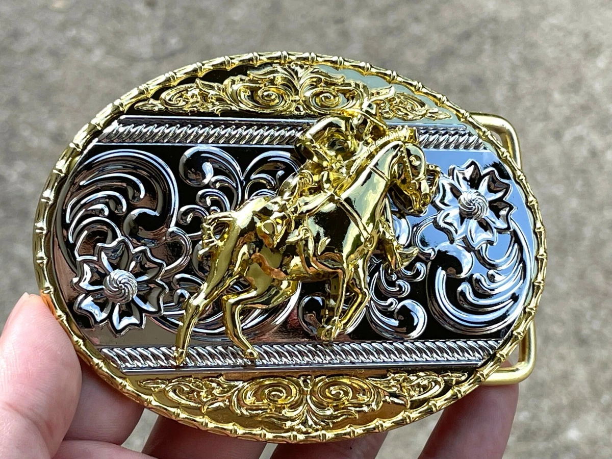 Western Gold Silver Buckle Rodeo Cowboy Horse Rider Charging Soldier Buckle 2