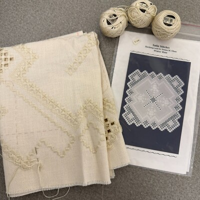 Satin Stitches ''Winter Rose'' Hardanger pattern, DMC pearl, and Work in Progress