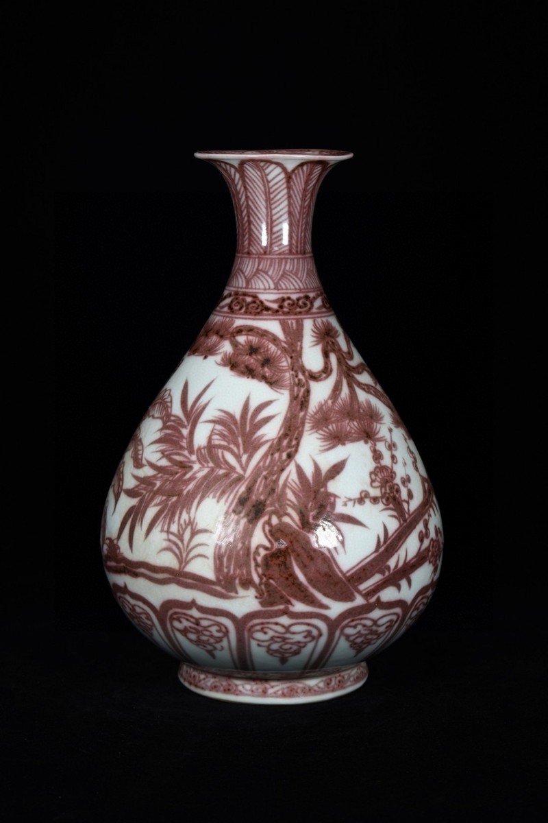 13“ China antique Yuan dynasty Red glaze pine and bamboo plum