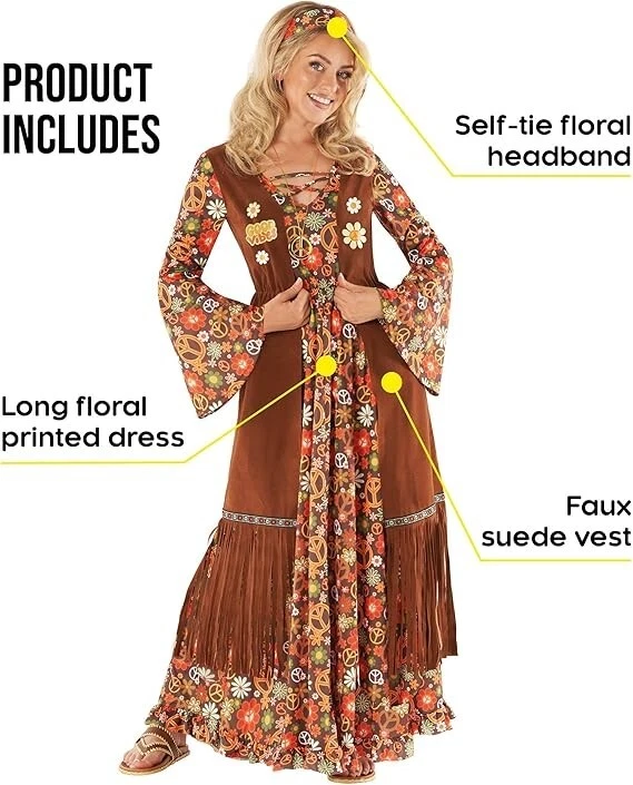 Women`s Long Hippie Costume S-XXL Ladies Hippy Dress 70`s Flower Child Halloween - Image 3 of 4