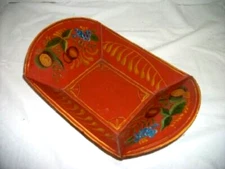 Folk Art Americana HP Tole Bread Basket Tray Fruit Motif Antique Russet Gilt
