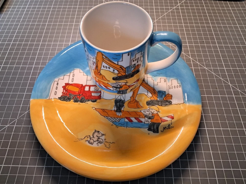 3-tlg. Mila Kindergeschirr Baustelle, Betonmischer, Bagger - Sammler-Set - Bild 2 von 4