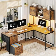 L Shaped Desk, 62.2" Home Office Desk with Hutch, Storage Shelves and LED Lights