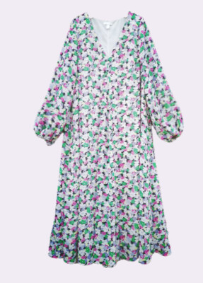 H&M Green Pink Purple Floral Print Chiffon Maxi Kaftan Dress size
